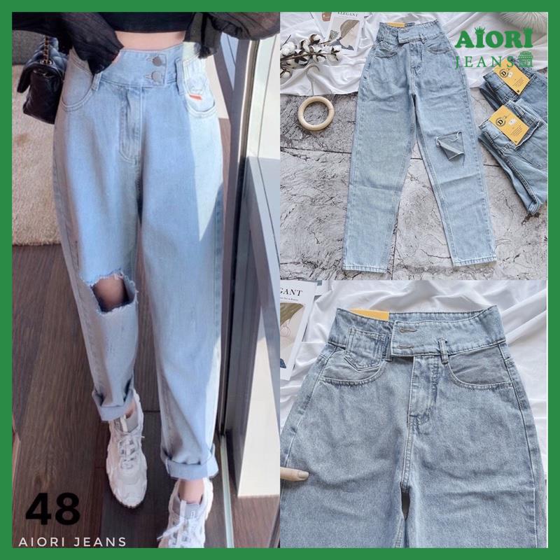 Quần Jean Nữ Aiori Lưng Cao Baggy Bò Trơn Rách Gối Phong Cách Thời Trang Jeans Cotton Thoáng Mát, Mềm Mịn_Mã B078