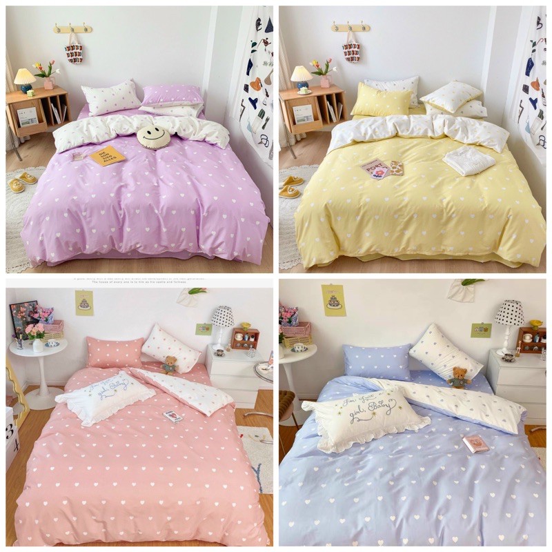 Bộ chăn ga giường cotton poly tim nhí Suhali Shop, vỏ chăn mền, drap nệm và 2 vỏ gối | BigBuy360 - bigbuy360.vn