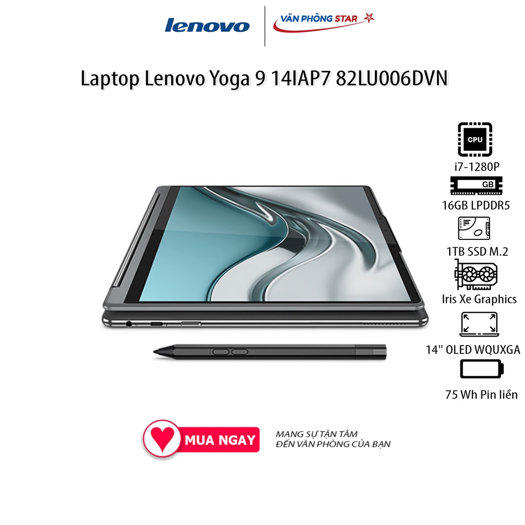 Laptop Lenovo Yoga 9 14IAP7 82LU006DVN (14&quot; WQUXGA/Intel Core i7-1280P/16GB/1TB SSD/Windows 11 Home SL + Office Home)