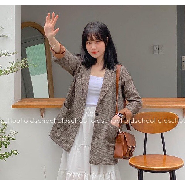 Áo Vest Khoác Ngoài Blazer Ulzzang Nữ, Áo Blazer Dài Tay Vải Dạ 2 Lớp Kẻ