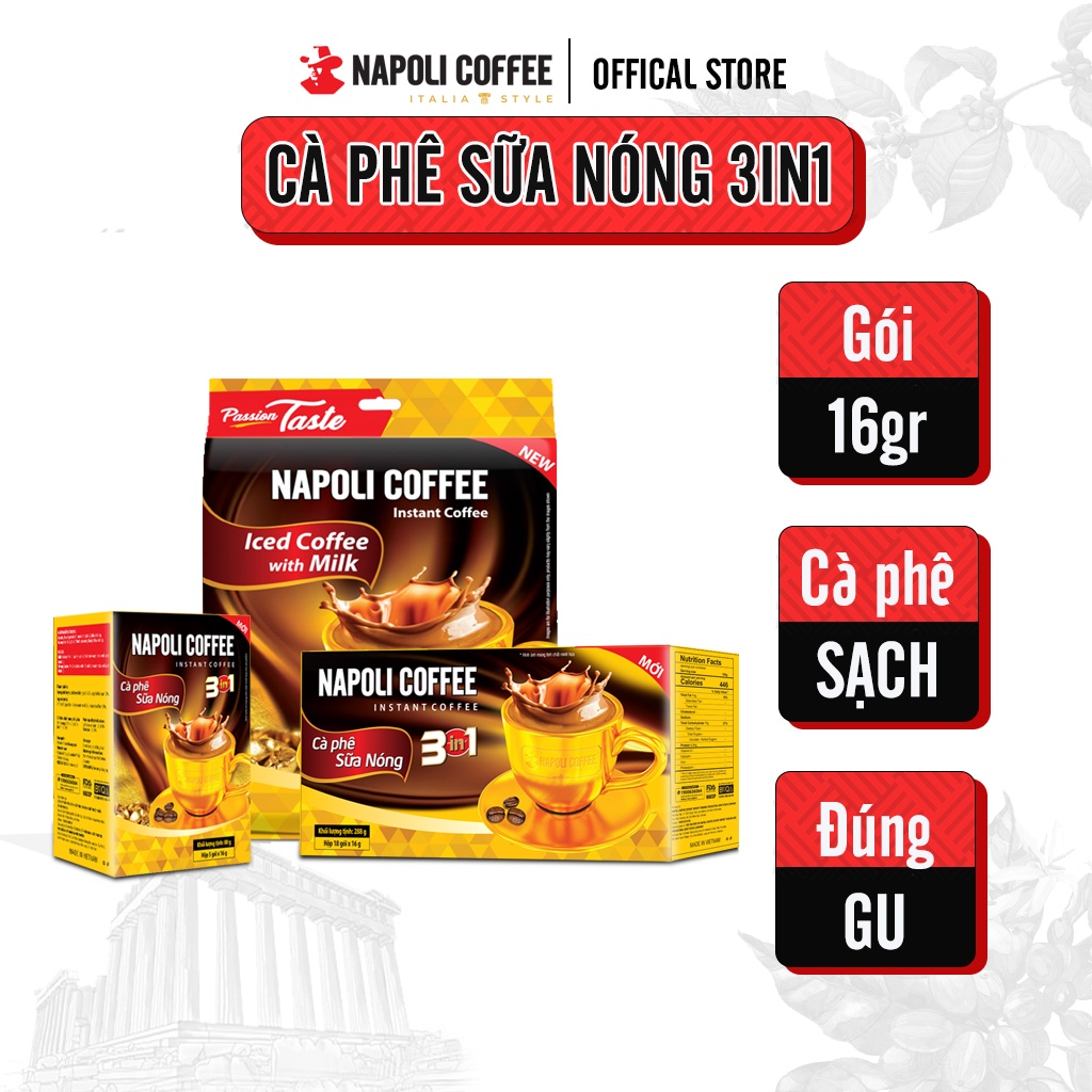 Cà Phê Nguyên Chất 3in1 Sữa Nóng Napoli Coffee 18 gói x 16g -Hạt Robusta/Arabica HỘP LỚN