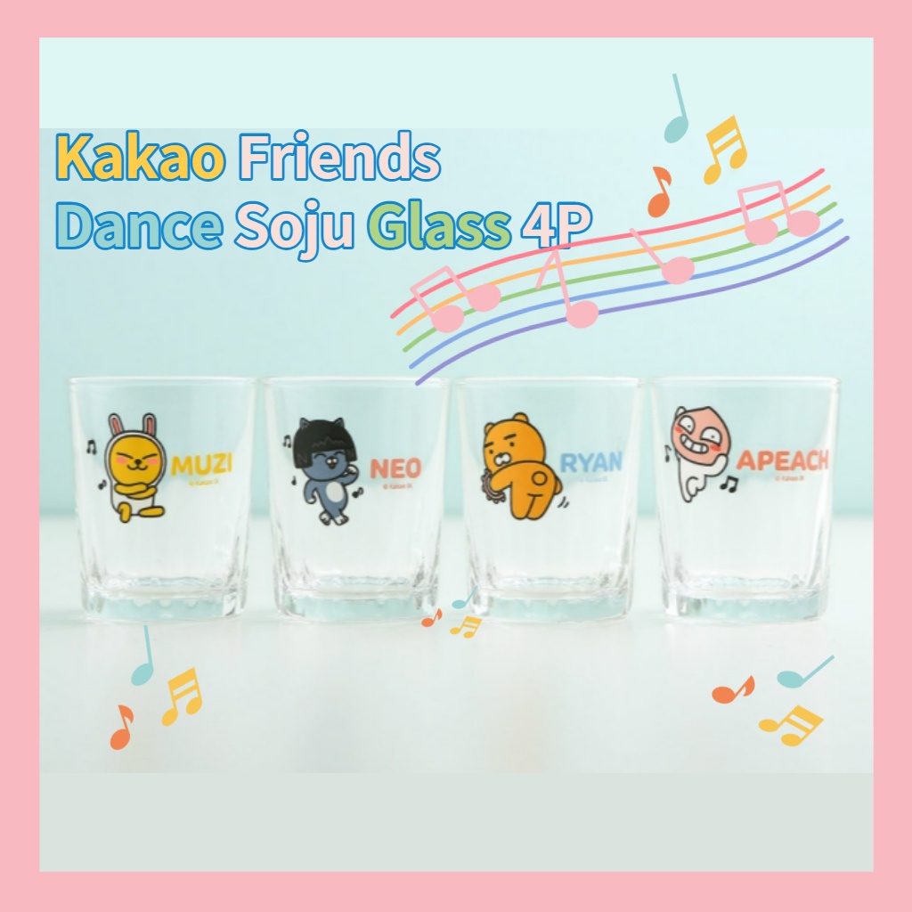 Set 4 ly thủy tinh uống nước in hình Kakao Friends Dance Soju phong cách Hàn Quốc