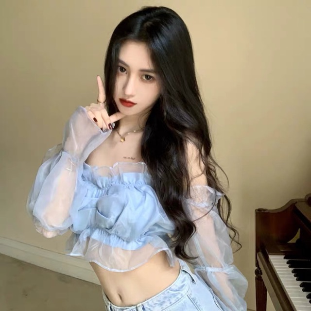 Áo Croptop 🍊 [Tiệm Vải Xinh] 🍊 Áo Croptop Ren Trễ Vai Tay Bồng - Hàng quảng châu | BigBuy360 - bigbuy360.vn