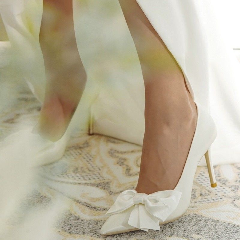 Giày Cao Gót Vải Satin Đính Nơ Xinh Xắn Cho Cô Dâu