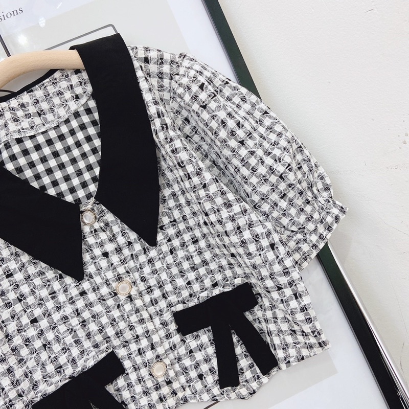 SET ÁO DẠ CARO CỔ VIỀN ĐEN THẮT NƠ TÚI + CHÂN VÁY MIDI ĐEN