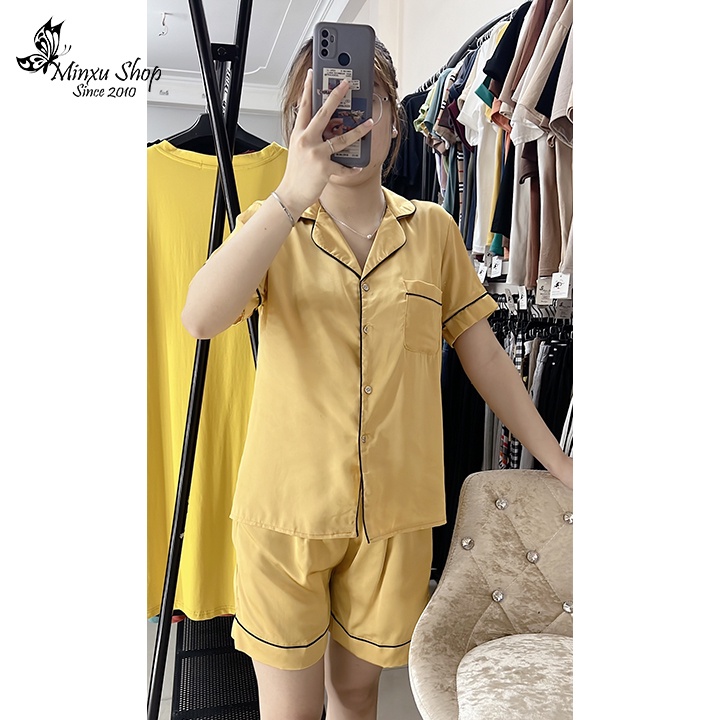 Bộ ngủ pijama trơn, bộ lụa quần đùi áo ngắn tay thiết kế viền trẻ trung lịch sự Minxu Shop PT01