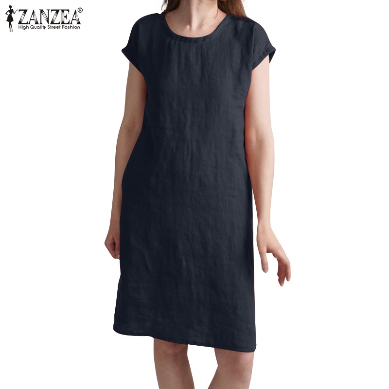 ZANZEA Đầm Mini Tay Ngắn Cổ Tròn Màu Trơn Thời Trang Cho Nữ