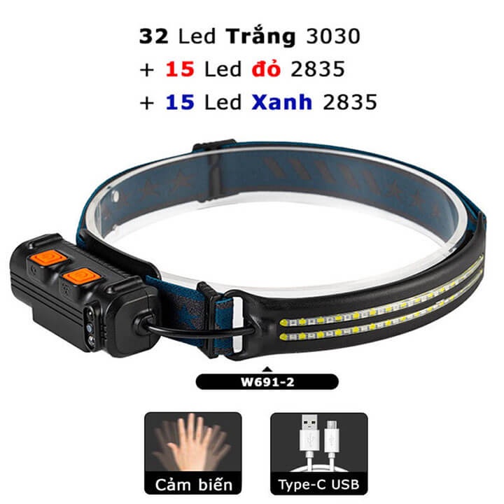 Đèn pin đội đầu cảm biến bằng tawy 62 LED siêu sáng, chống nước IPX6, pin trâu, đèn đeo trán thông minh pha rộng
