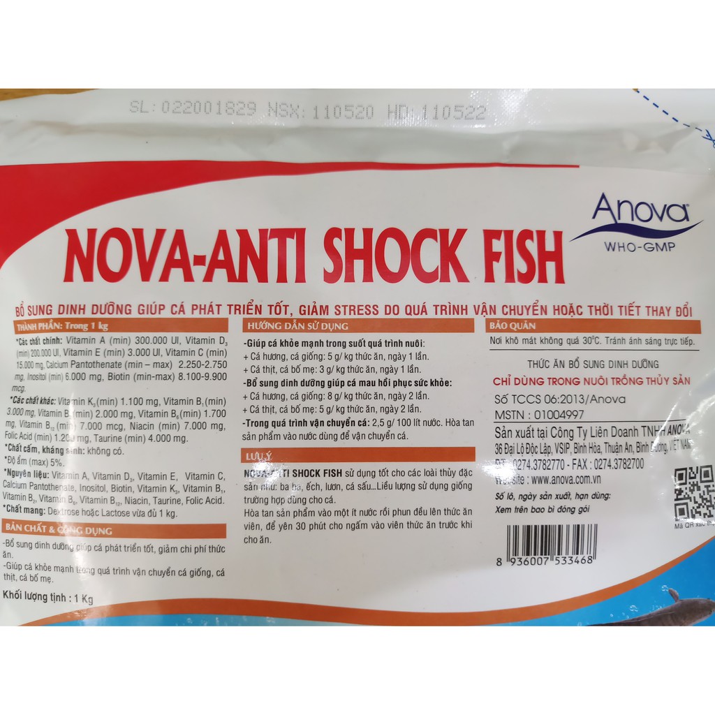 Nova Anti Shock Fish bổ sung dinh dưỡng giúp cá phát triển tốt, giảm stress do vận chuyển, thời tiết thay đổi