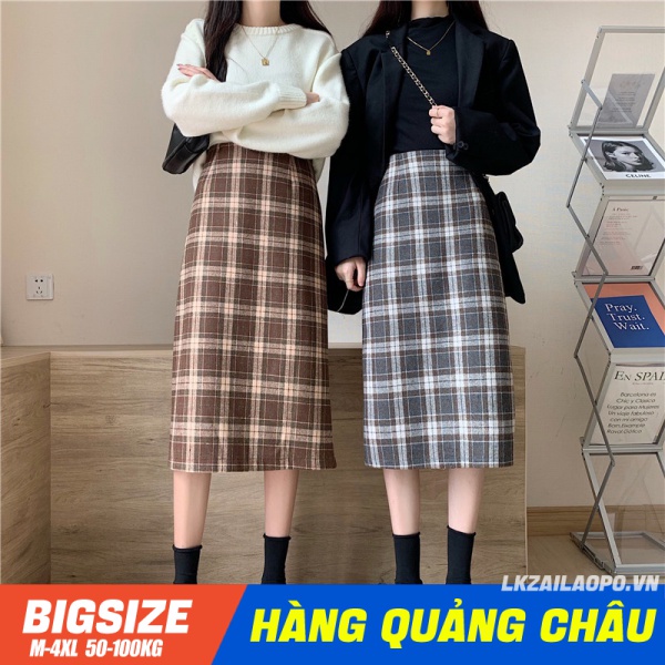 BIGSIZE Nữ (50-100kg) chân váy nữ dáng dài xẻ tà cạp chun lưng thun kẻ sọc caro nhung mùa thu Phong cách Hàn Quốc - quảng châu cao cấp