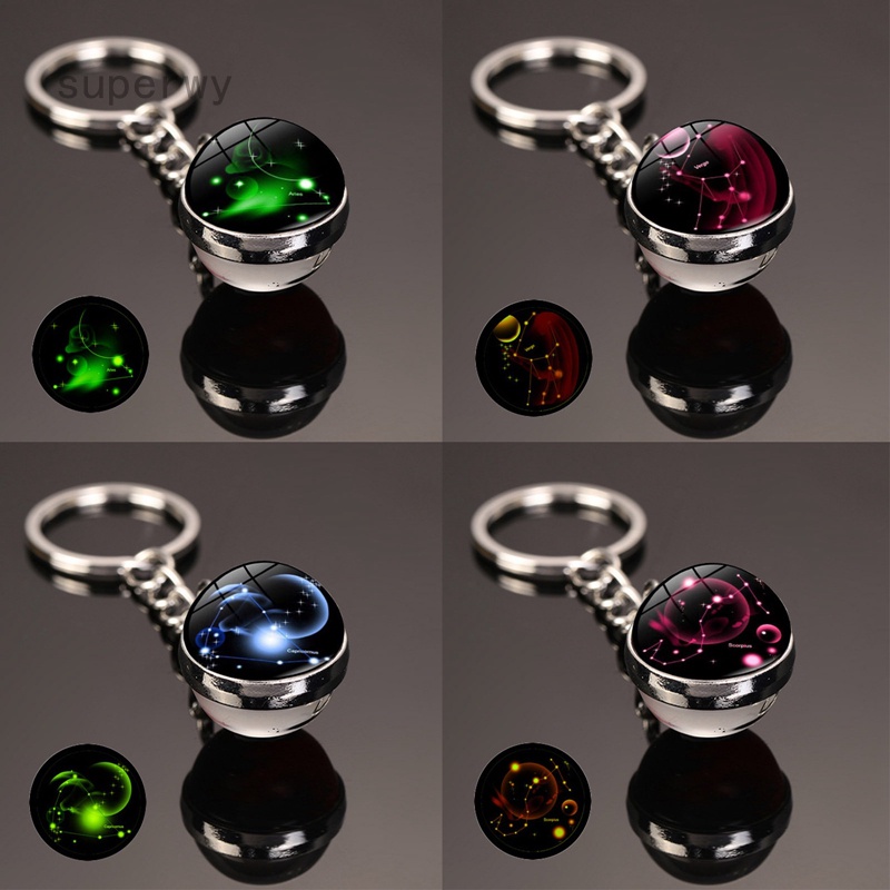 Móc Khóa Mặt Kính Cabochon In Hình 12 Chòm Sao Hoàng Đạo Dạ Quang