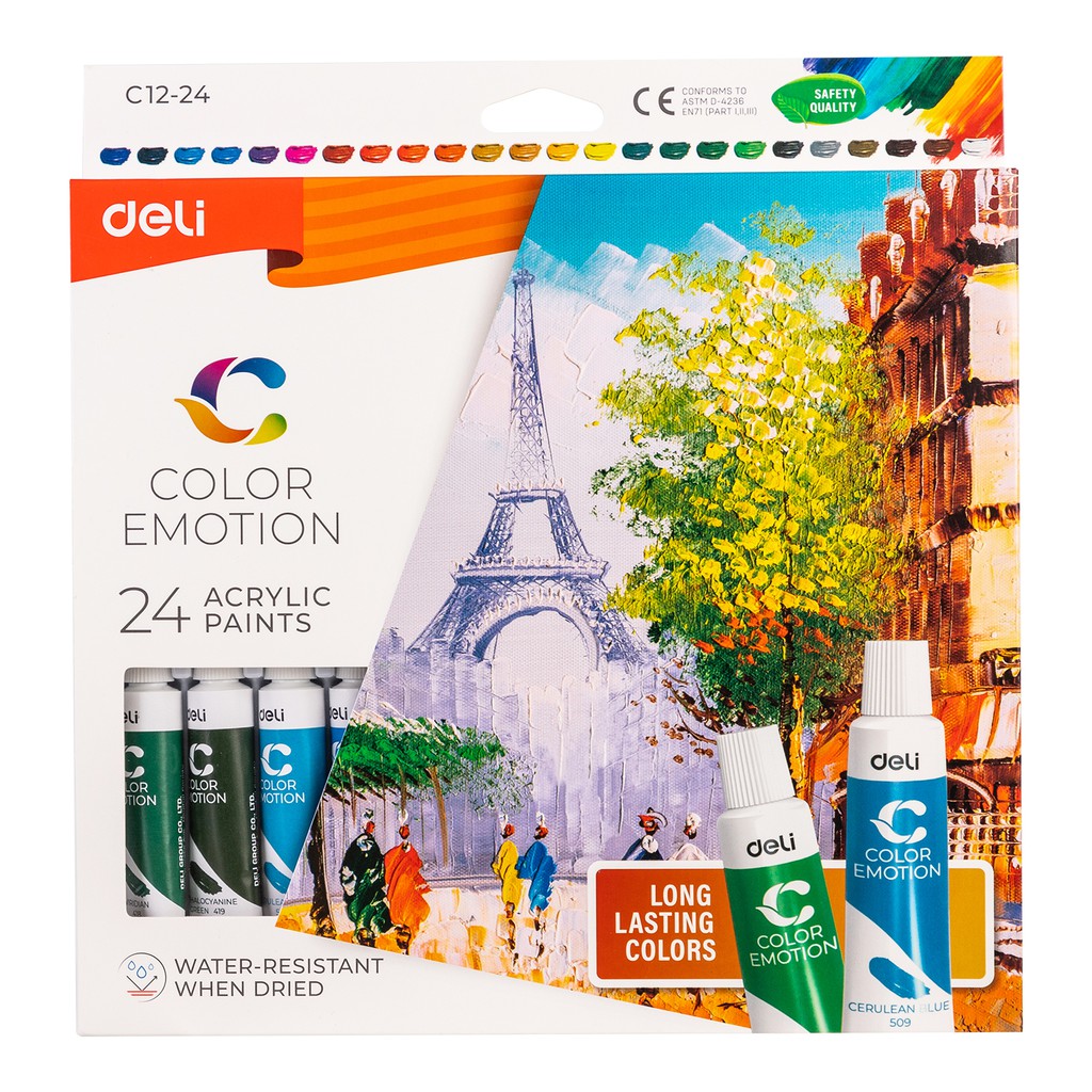 Màu Acrylic Dạng Tuýp 12ml Chuyên Nghiệp Deli - Tô Đất Sét, Đất Nặn Tự Khô Vẽ Túi Vải Tote Quần Áo DIY Giày Tô Tượng