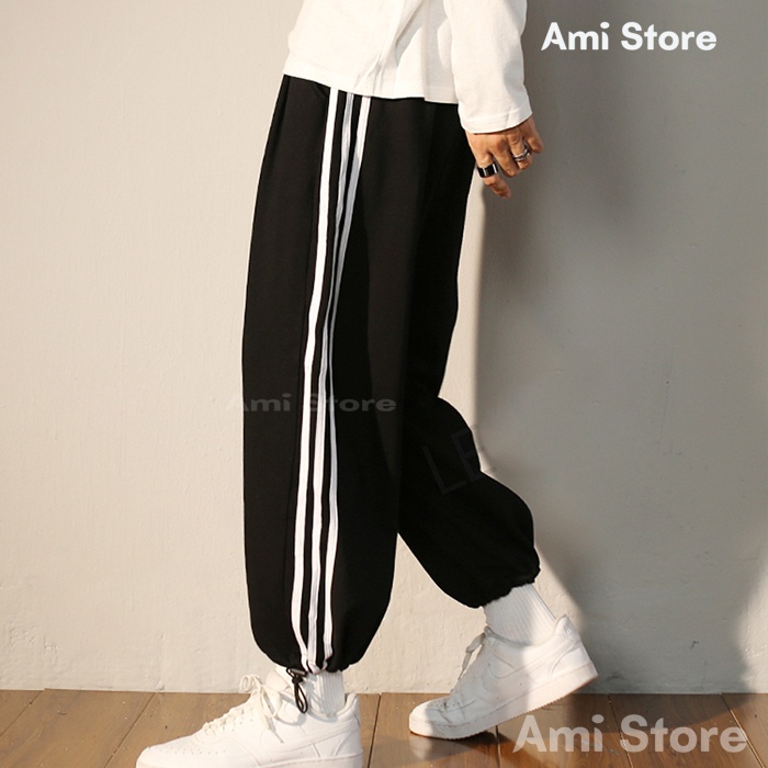 Quần jogger BÓ CHUN unisex Ami Store thể thao  3 sọc nam nữ nỉ thu đông basic pants ulzzang phong cách Hàn quốc