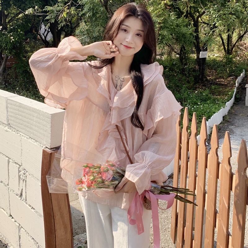 Gentle style v-neck ruffled shirt women's spring  new Korean style loose slimming long-sleeved shirt top Japanese style top 3tye
