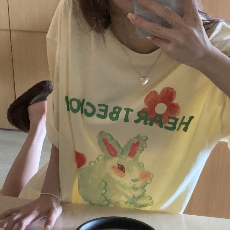 Áo thun SUXI tay ngắn dáng rộng in họa tiết chữ hoạt hình phong cách Hàn Quốc thời trang mùa hè cho nữ