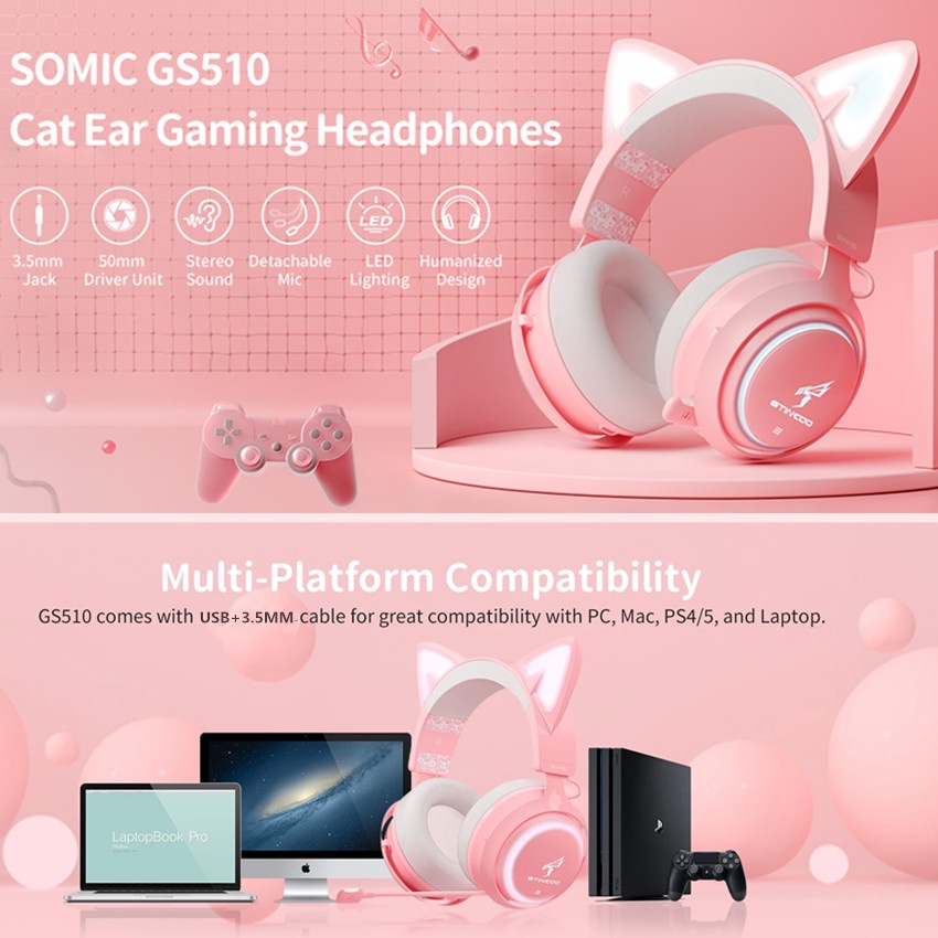 Tai Nghe Chơi Game Có Dây SOMIC GS510 USB + 3.5mm Hình Tai Mèo Có Đèn LED Cho PS4 / Điện Thoại / Laptop