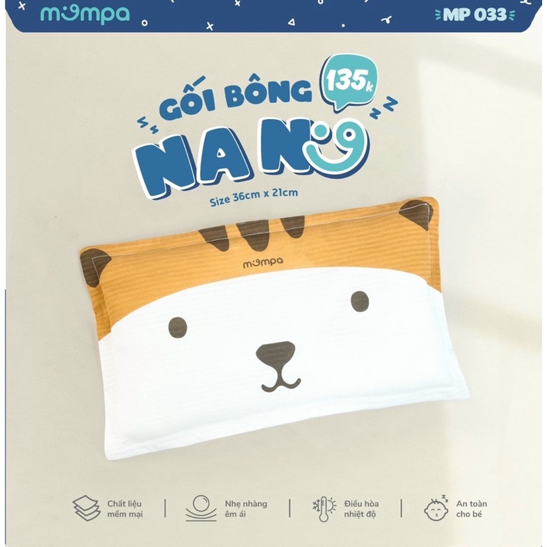 Gối bông sơ sinh Mompa vỏ cotton ruột bông mềm, mỏng, mát [ babyboo]