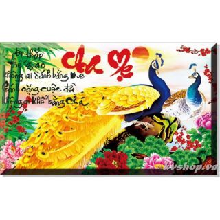 Tranh thêu chữ thập cha mẹ chim công tuyệt đepj kt 74*48cm