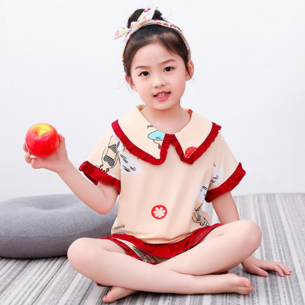 Đồ bộ Cotton quần đùi, tay ngắn phối bèo dễ thương cho Bé Gái - mềm mại và thoải mái dạo phố mặc nhà