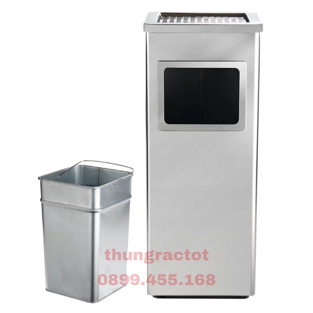 Thùng rác inox vuông có gạt tàn thuốc lá, thùng rác inox gạt tàn vuông