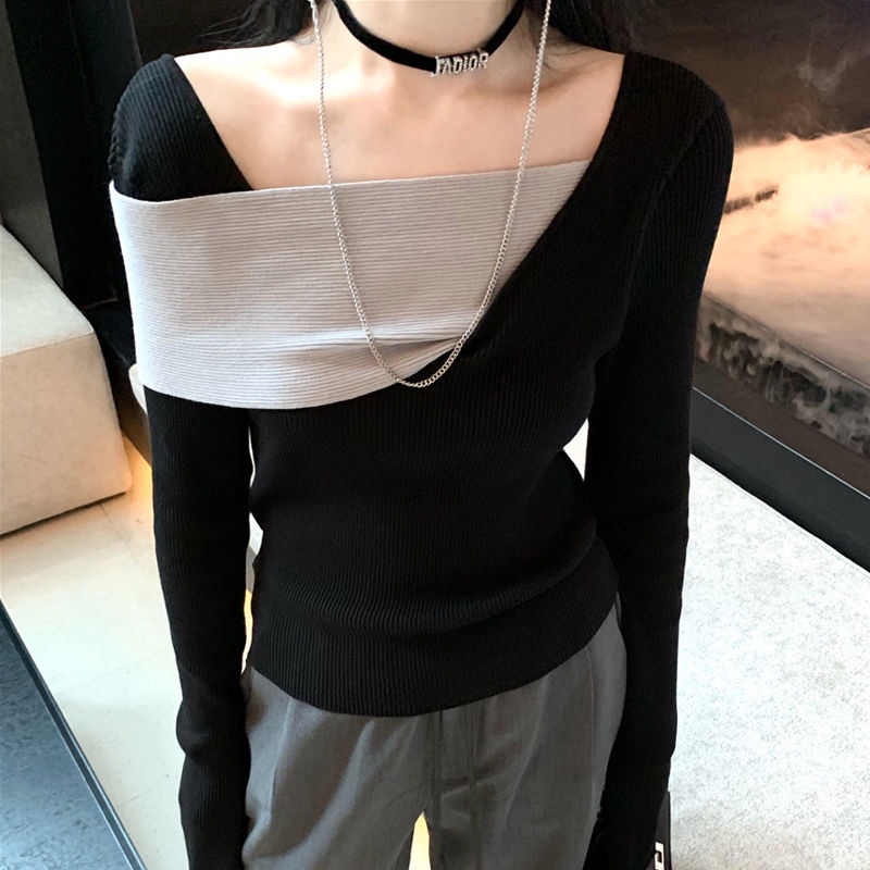 【77】 Áo sweater dệt kim dáng ôm màu sắc tương phản thời trang thu đông cho nữ