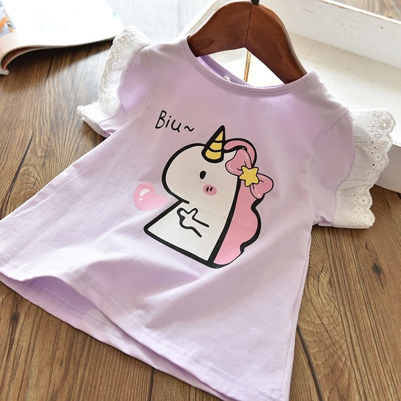 Áo Thun Cotton Tay Ngắn Phối Ren In Họa Tiết Hoạt Hình Thời Trang Mùa Hè Cho Bé Gái