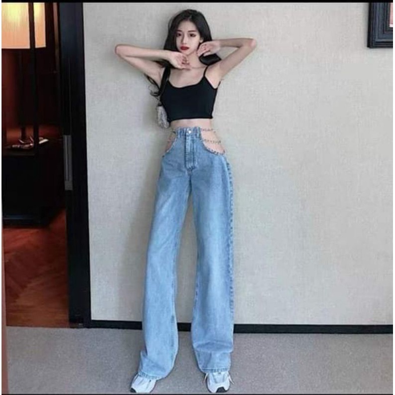 [ Sẵn ] Quần JEANS NỮ ỐNG RỘNG CÓ DÂY XÍCH NGANG EO CÁ TÍNH, DÁNG SUÔNG, vải jeans cotton không giãn ( kèm ảnh thật )