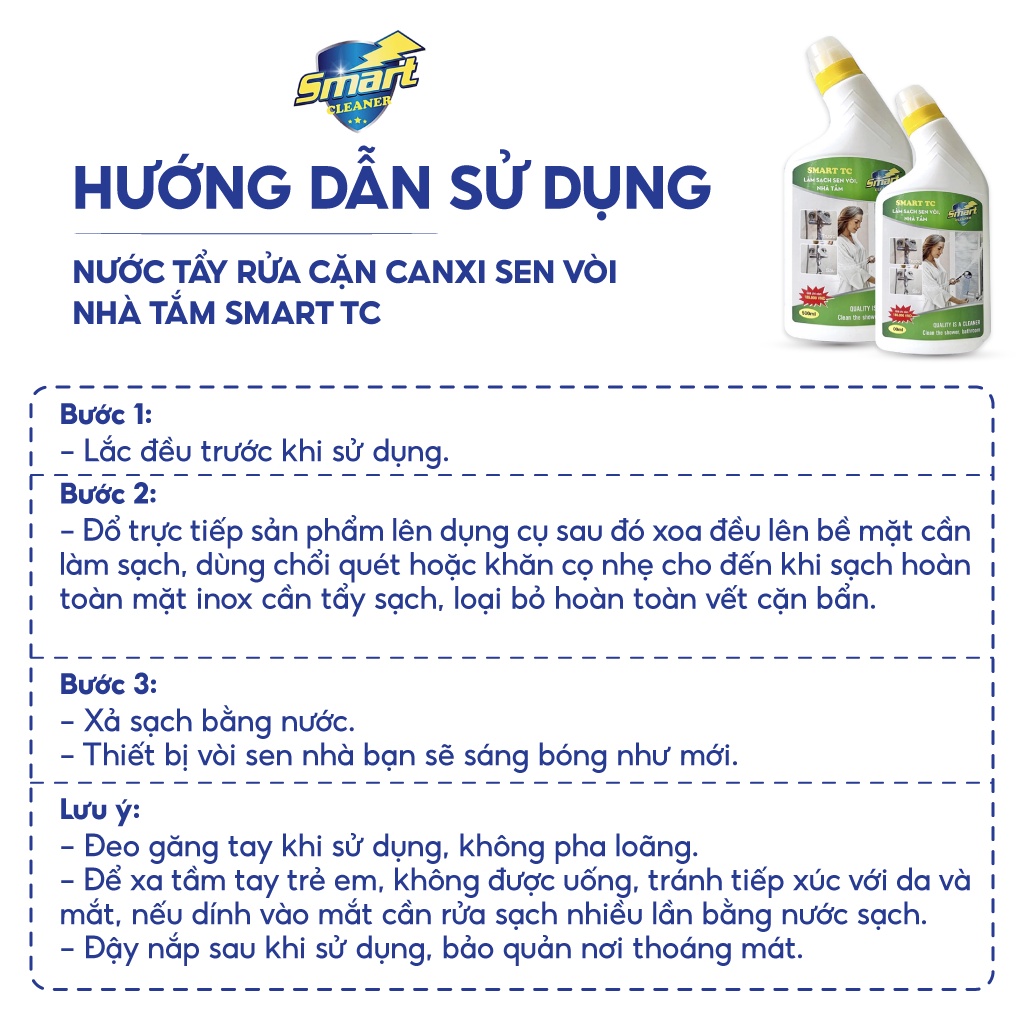 Combo 2 chai nước tẩy rửa cặn canxi sen vòi nhà tắm SMART TC làm sạch vết nước cứng 300/500ml