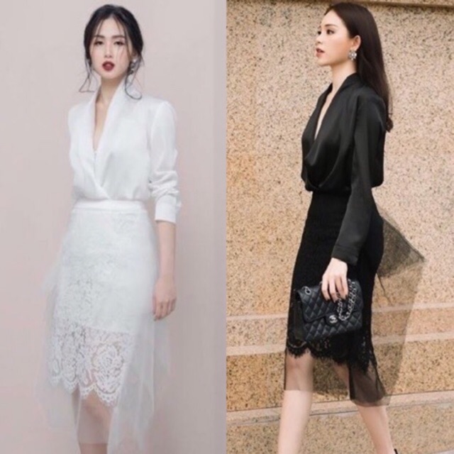 Set trang phục áo giả vest chân váy ren phối lưới