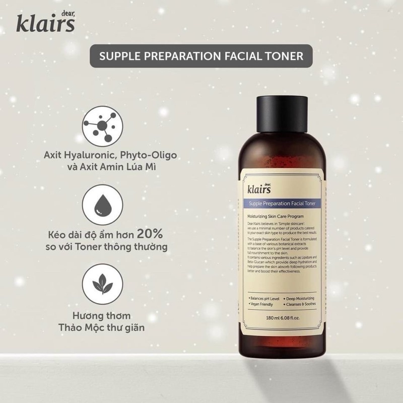 Nước hoa hồng Dưỡng Ẩm Da Không Mùi Klairs Supple Preparation Unscented Toner 180ml