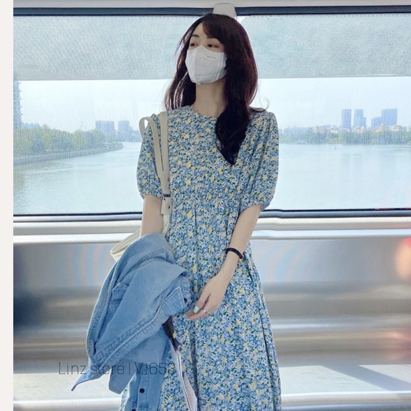 Váy hoa nhí cổ tròn tay phồng chun eo dáng dài phong cách vintage Linzstore V1653