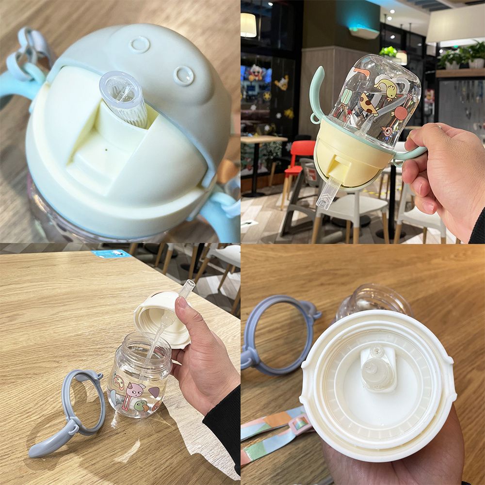 Bình uống nước 280ml có tay cầm và ống hút chống tràn họa tiết hoạt hình cho bé