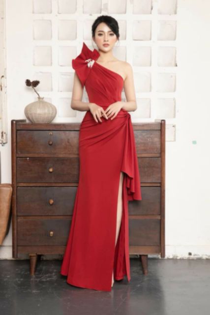 Đầm dạ hội lệch vai nơ cao cấp kèm ảnh thật  tặng hoa tai cute TẶNG KÈM HOA TAI THỜI TRANG