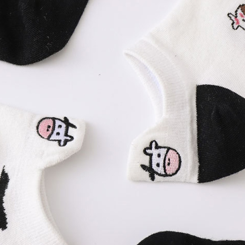 XIXI Vớ cổ thấp vô hình thêu họa tiết bò sữa hoạt hình phong cách Harajuku thời trang mùa hè cho nữ