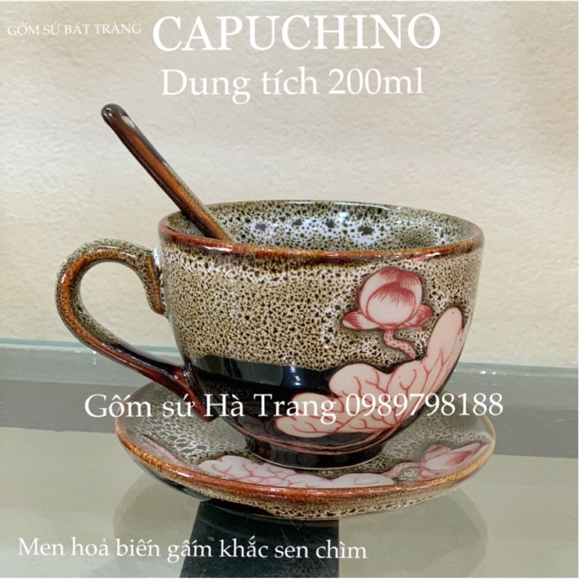 Set cốc đĩa capuchino gốm sứ Bát Tràng cao cấp men hoả biến gấm khắc sen chìm