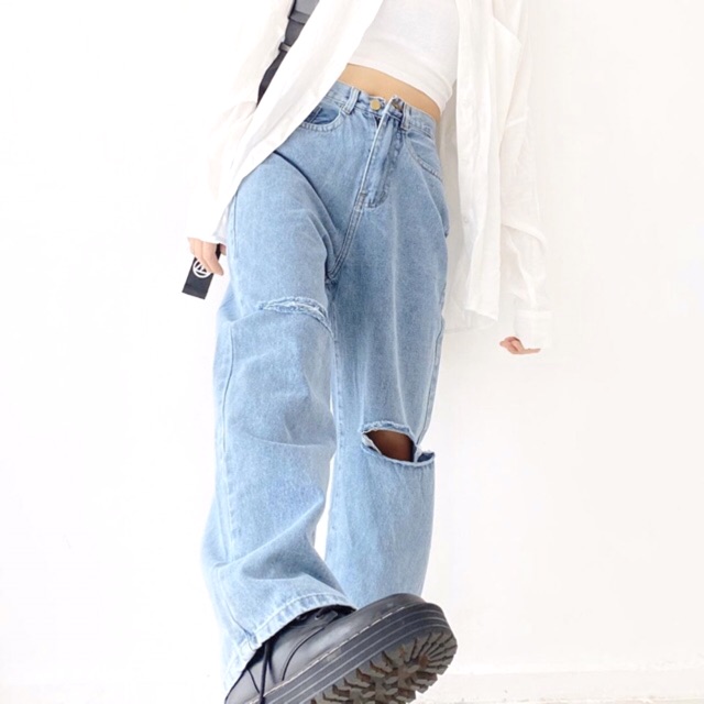 [Bigsize 55-84kg] Quần Suông Dài Ống Rộng Rách 2 Gối, Lưng Cao, Không Giãn, Dài 105cm, 3 Màu Đen/ Đậm/ Nhạt