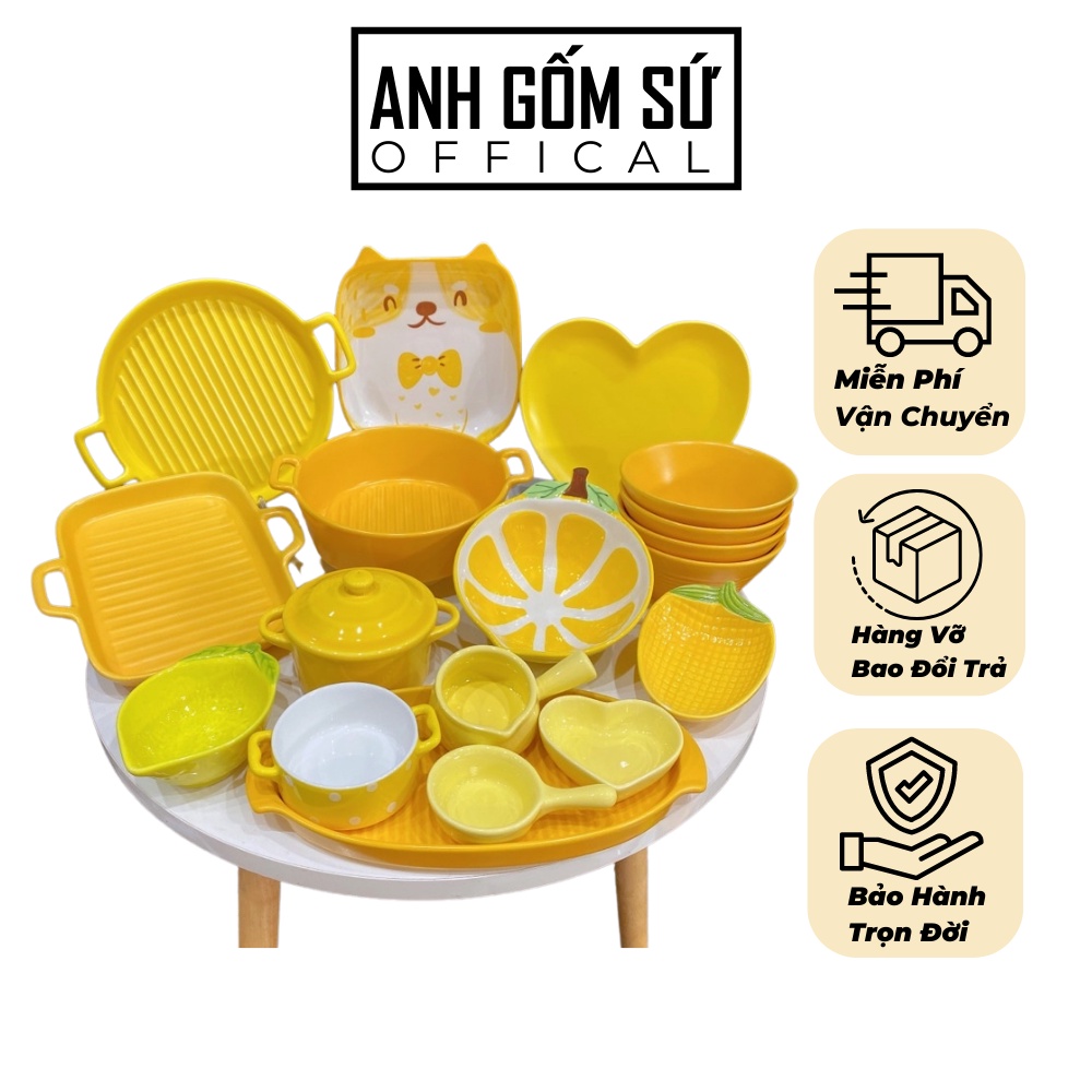 Set bộ bát đĩa sứ tông màu vàng nhiều món xinh xắn, bộ đồ ăn phong cách Bắc Âu, chén dĩa sứ siêu đẹp