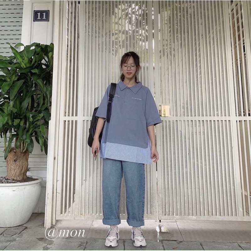 ÁO THUN CỔ POLO FORM RỘNG PHỐI SỌC XANH