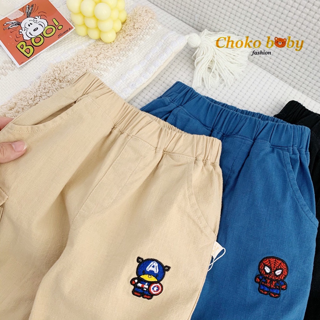 Quần dài bé trai thêu hoạ tiết siêu anh hùng, quần linen dài cá tính bé trai