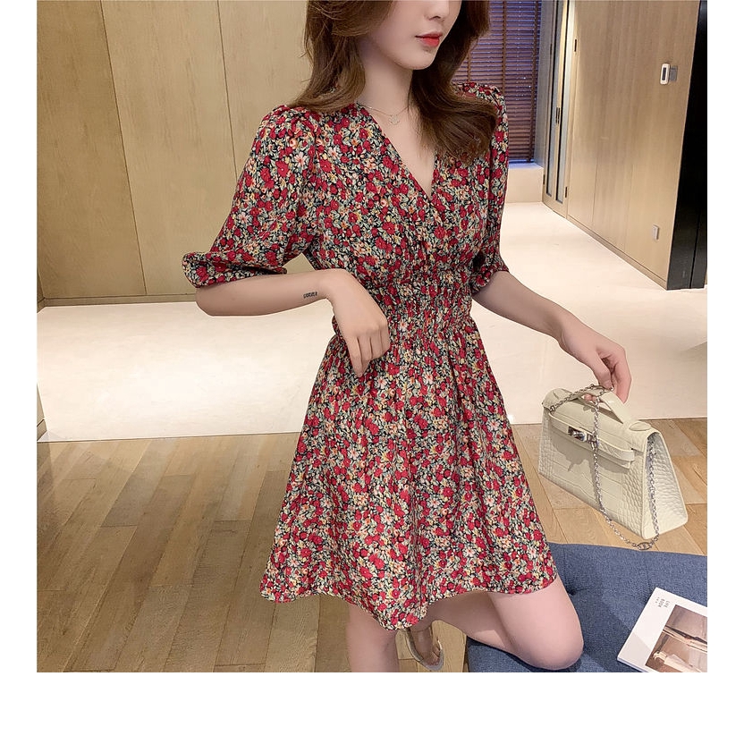 Đầm Hoa Ngắn Tay Cổ Chữ V Xinh Xắn Cổ Điển Theo Phong Cách Hàn Quốc