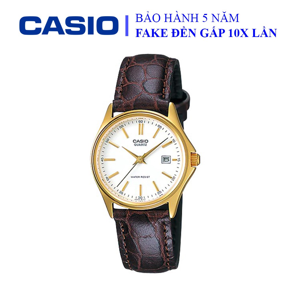 Đồng hồ Casio nữ dây da thể thao, mặt trắng viền vàng sang trọng, nữ tính, chống nước WR30M đi bơi (LTP-1183Q-7ADF)