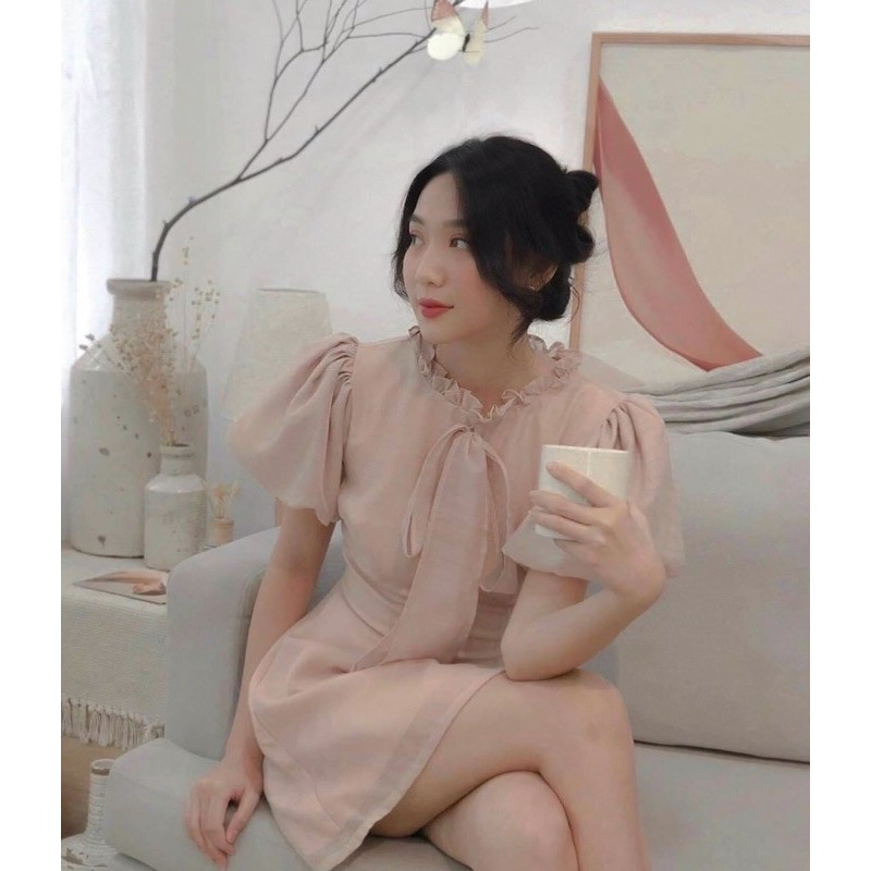 Đầm Hồng Tay Phồng Cột Nơ