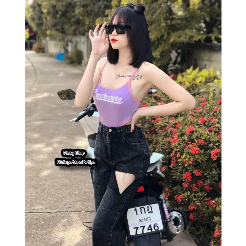 Áo thun kiểu bodysuit 2 dây viền màu chữ trước hot hit sexy đi biển đi chơi chất mát