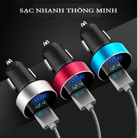 (RẺ VÔ ĐỊCH)Tẩu Sạc Nhanh Ô Tô - Sạc điện thoại trên ô tô - Tương thích nhiều thiết bị - 2 cổng USB - Màn hình led