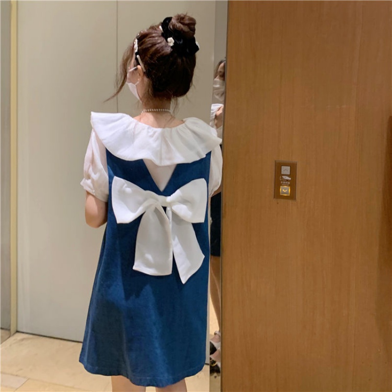 Đầm babydoll set váy Set Áo Sơ Mi Cổ Búp Bê Và Đầm Yếm Denim Xinh Xắn Cho Nữ