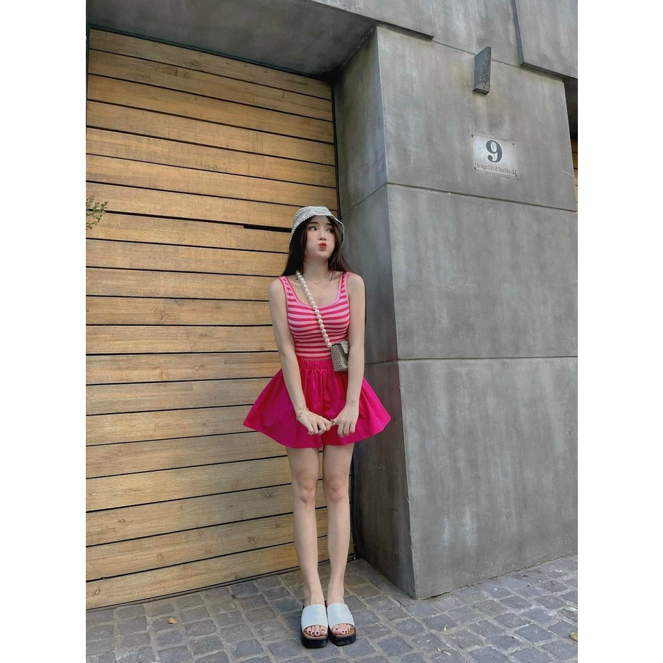 Sét bộ áo 3 lỗ croptop sọc phối quần đùi xòe cực xinh , chất thun gân mềm mịn mk