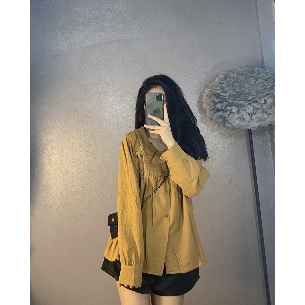 [Ảnh Thật] Áo Sơ-mi Nữ Thô Đũi Mềm Viền Bèo 2 Màu Trắng/Nâu | BigBuy360 - bigbuy360.vn