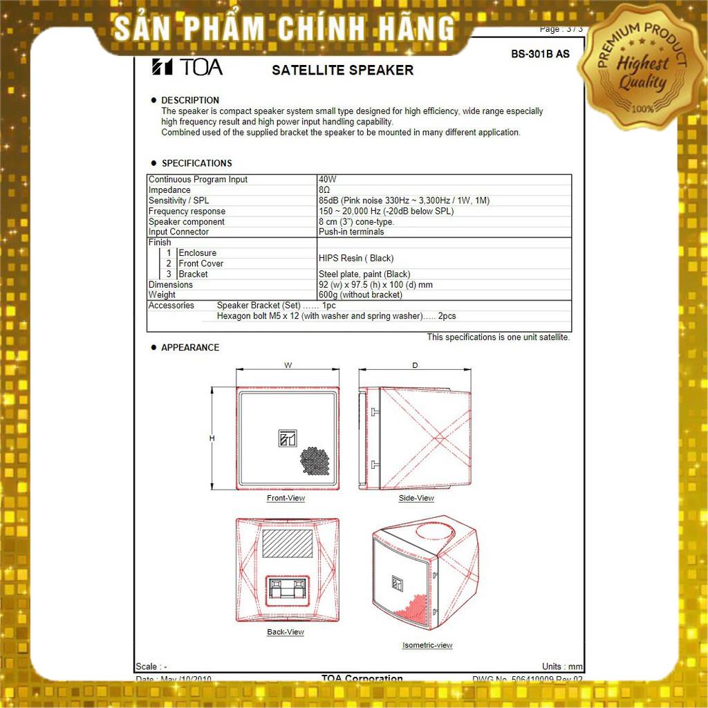 HỆ THỐNG LOA VỆ TINH COMPACT TOA BS-301B + BS-301W - Hàng chính hãng