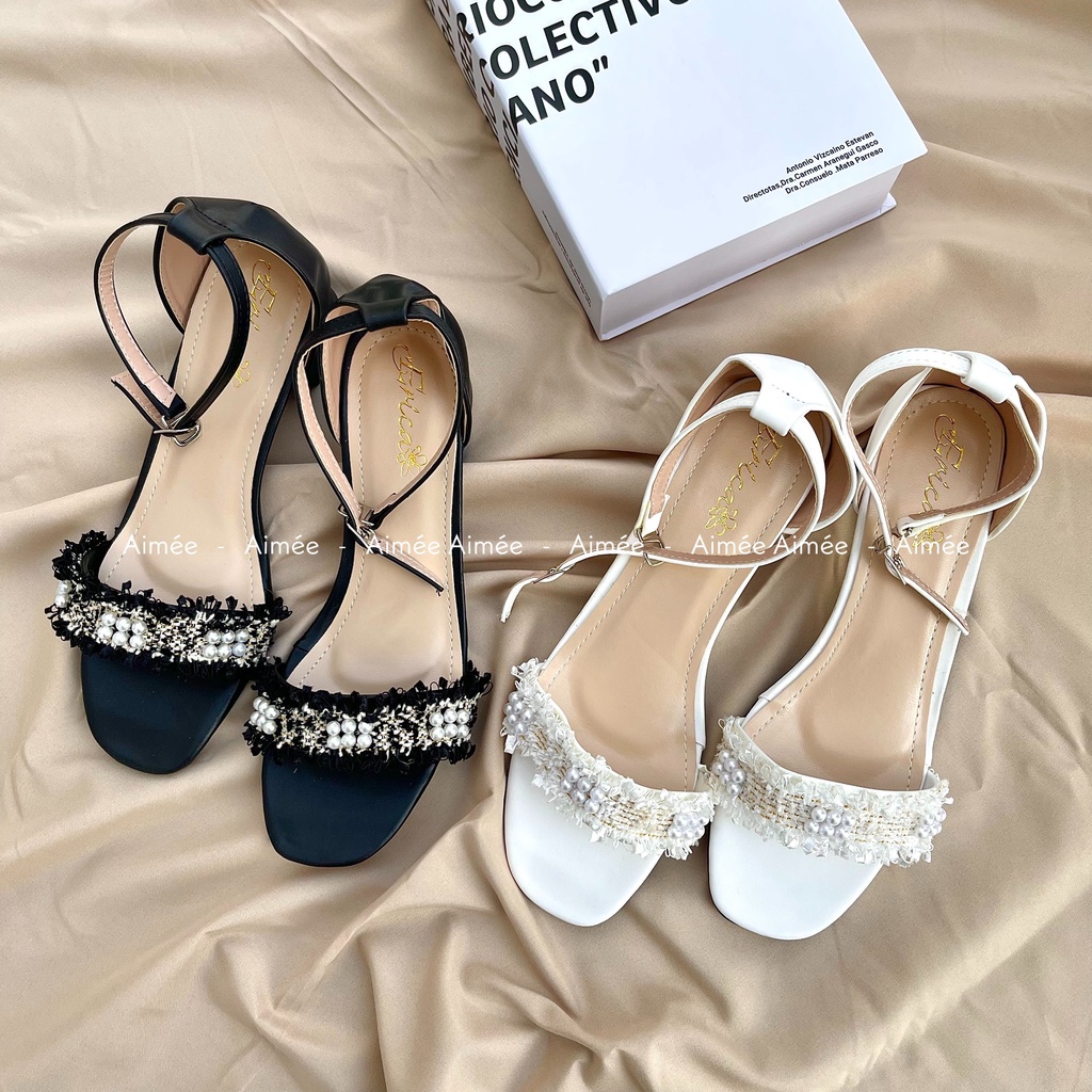 Dép Sandal Bản Ngang Gót Cao 3 Phân Quai Da Phối Ren Đính Hạt Ngọc Bít Gót Lên Dáng Điệu Đà Quyến Rũ