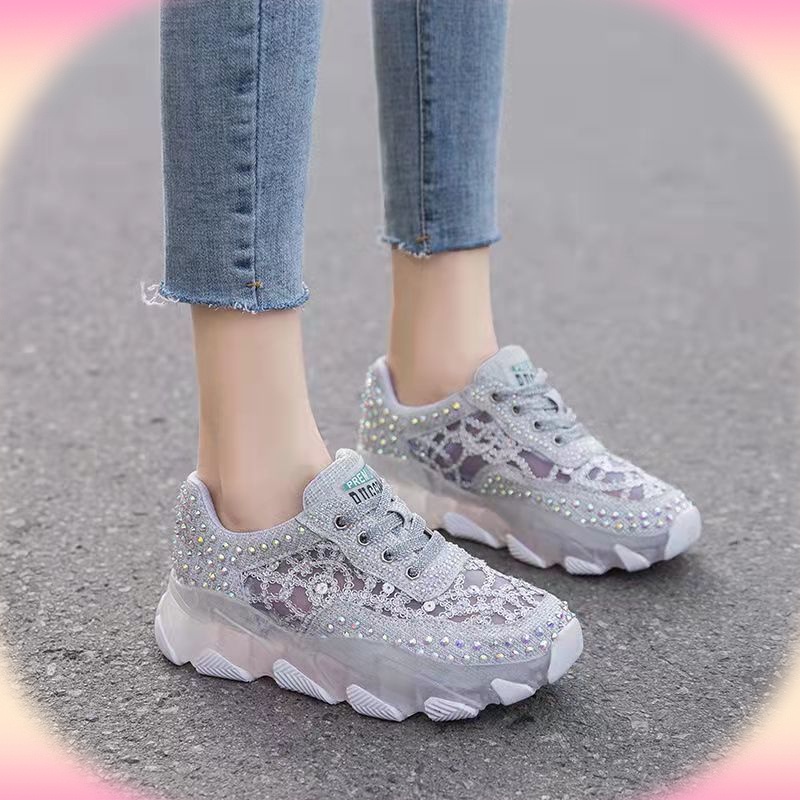 Giày Thể Thao Mùa Hè Thoáng Khí Đế Phối Đá Kim Sa Lấp Lánh Phong Cách Mới Cho Nữ